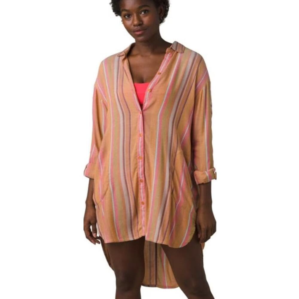 Prana Womens Scheena Tunic Sz M Cacti Soleil Striped Layering Cover Up Versatile
